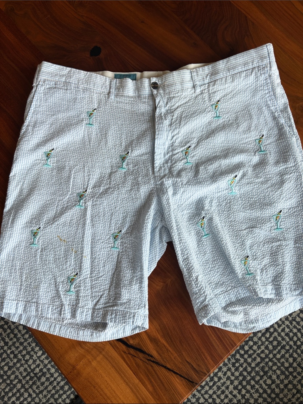 Castaway Light Blue Seersucker Cocktail Embroidered Shorts